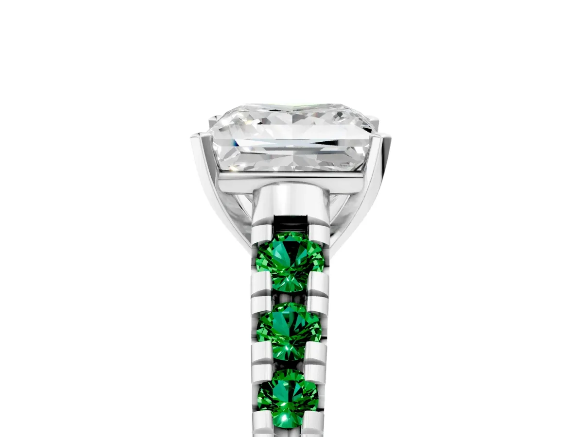 Princess Cut Diamond Cathedral Solitaire Ring with Round Emerald Pavé Band Silver