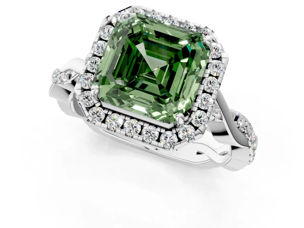 Fancy Green Asscher Cut Halo Twist Band Solitaire Ring Platinum
