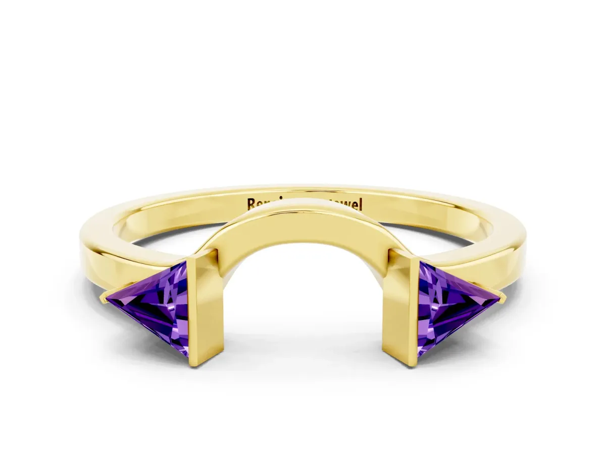Trillion Tanzanite Open Band Ring with Bezel Setting Yellow gold