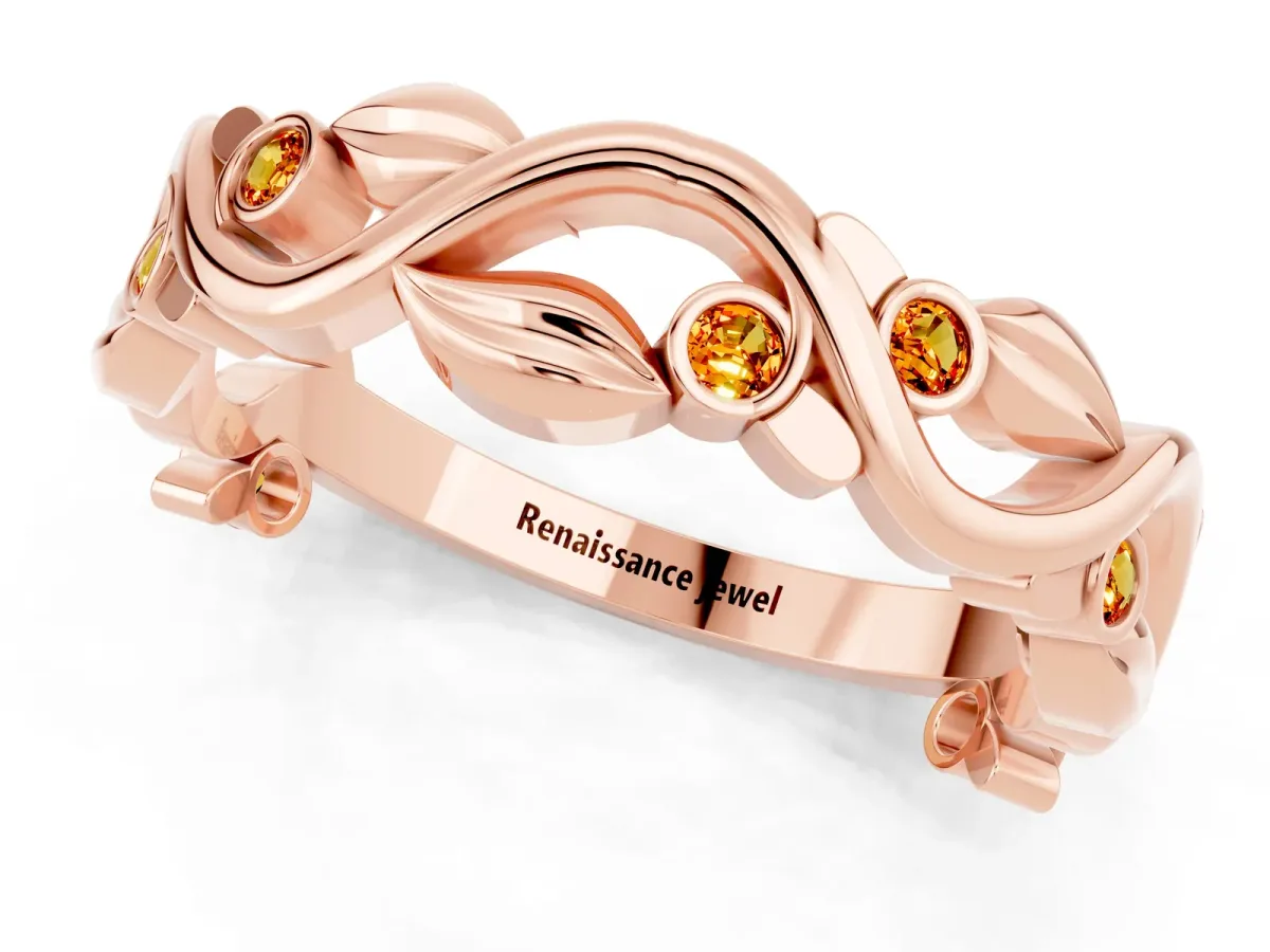 Round Citrine Leaf Eternity Band with Bezel Setting Rose gold