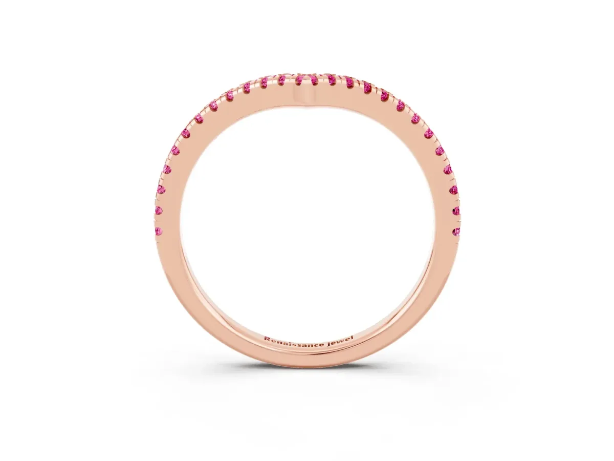 Pavé Round Pink Sapphire V-Shaped Chevron Band with Shared Prong Setting Rose gold