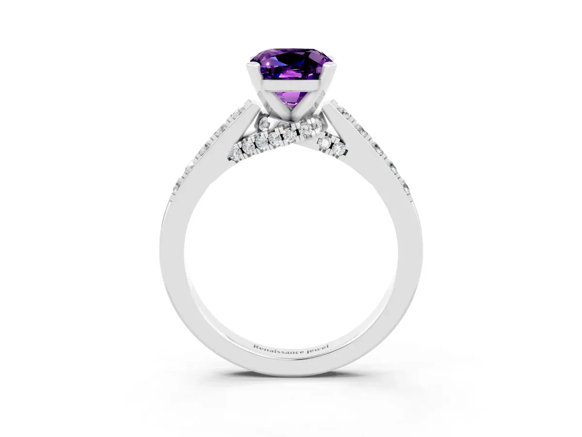 Cushion Cut Amethyst Solitaire Ring with Crossover Gallery and Round Pavé Band Silver