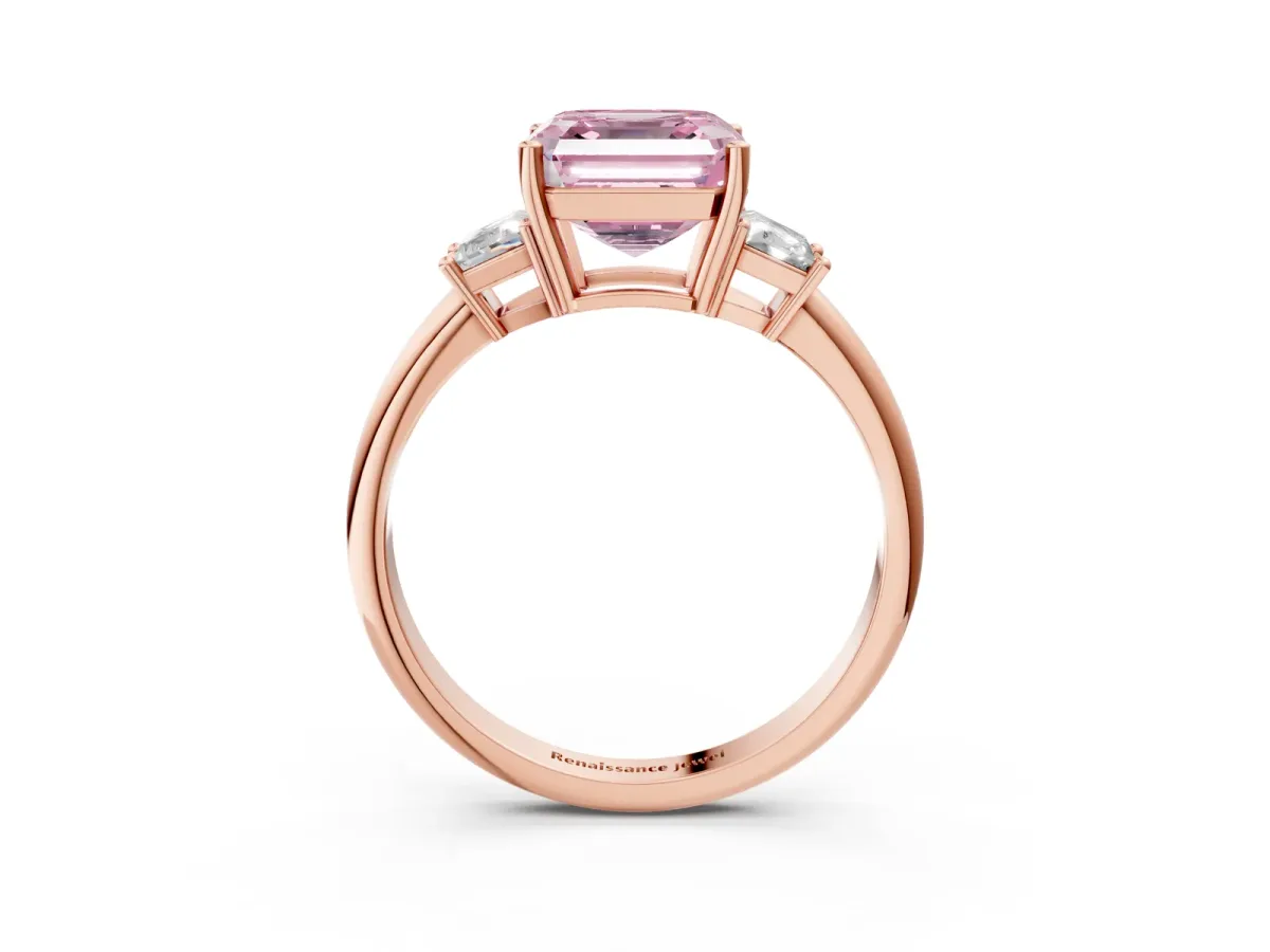 Fancy Pink Asscher Cut Diamond Three-Stone Ring with Trapezoid Side Stones and Prong Setting Rose gold