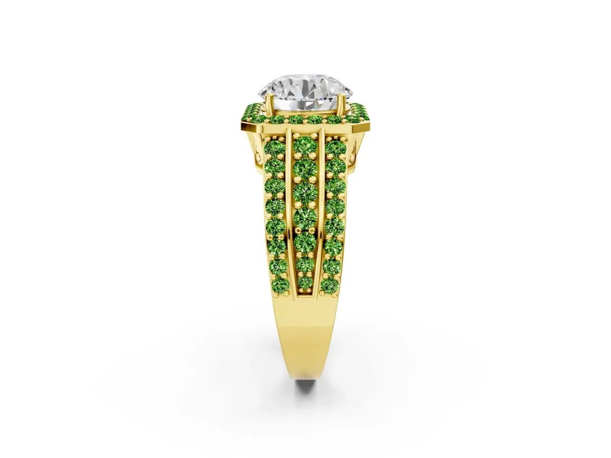 Round Cut Halo Diamond Ring with Round Peridot Split Shank and Prong Setting Yellow gold