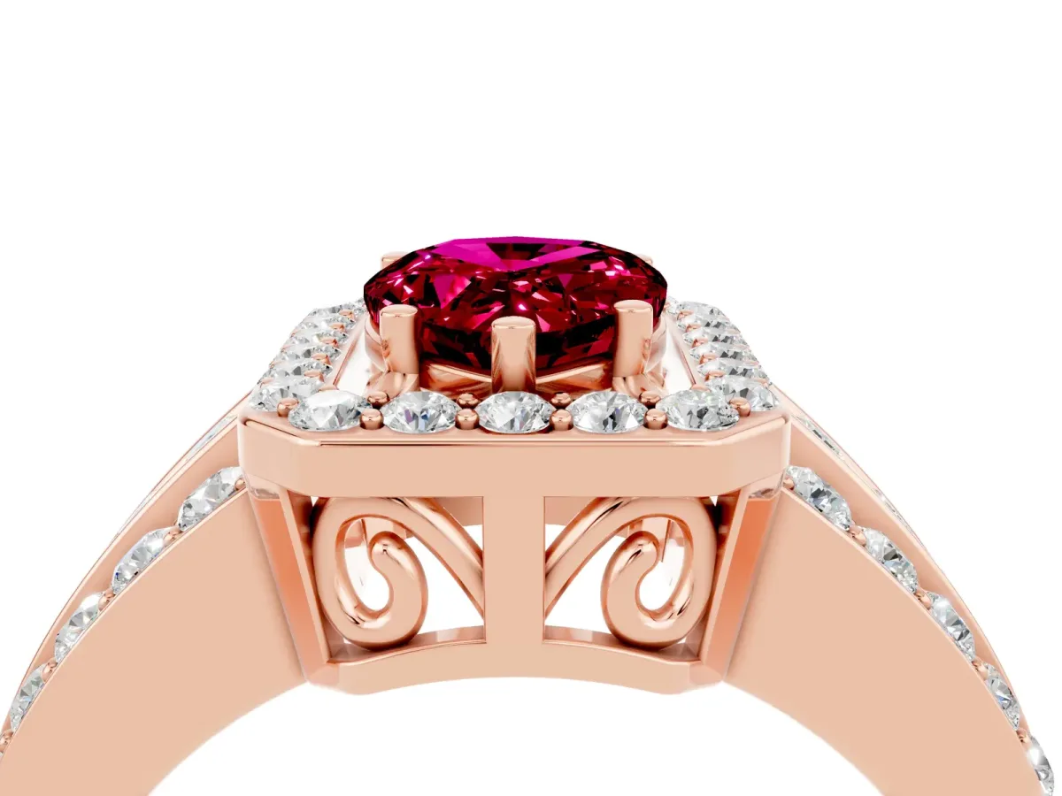 Pear Cut Halo Garnet Ring with Round Split Shank and Prong Setting Rose gold