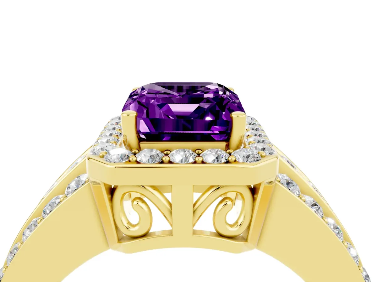 Emerald Cut Halo Amethyst Ring with Round Split Shank and Prong Setting Yellow gold