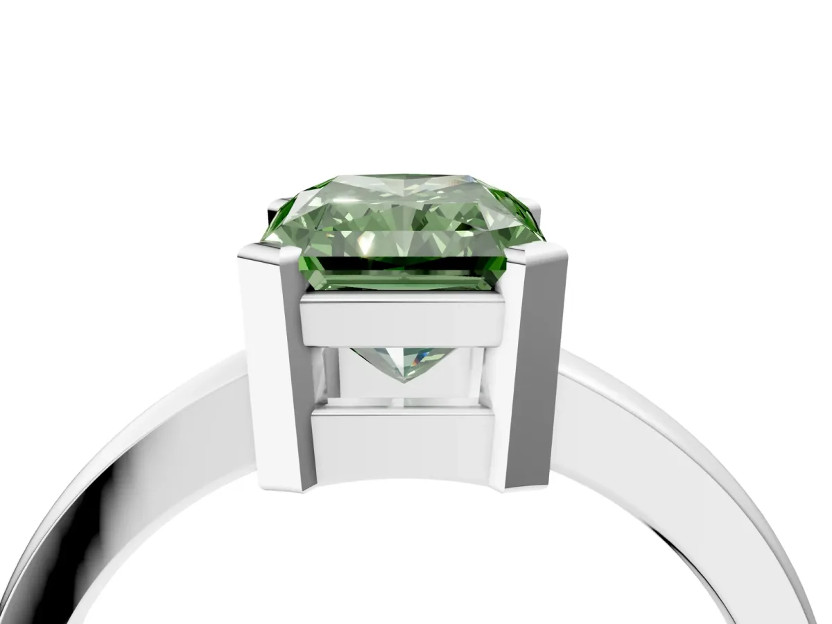 Fancy Green Radiant Cut Cut Solitaire Ring with Four-Prong Setting and Classic Band Platinum