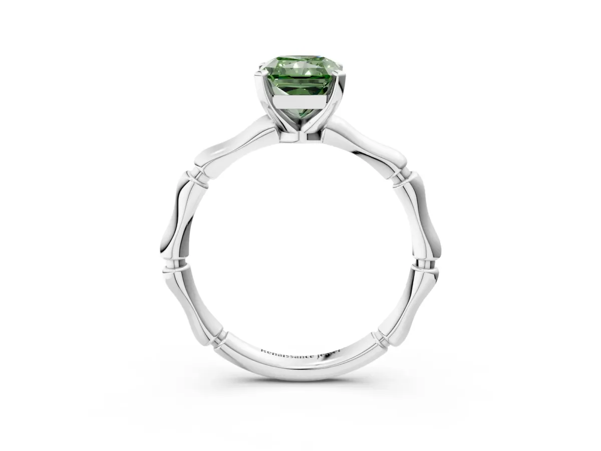 Fancy Green Radiant Cut Solitaire Diamond Ring with Bamboo Band and Four-Prong Setting Platinum