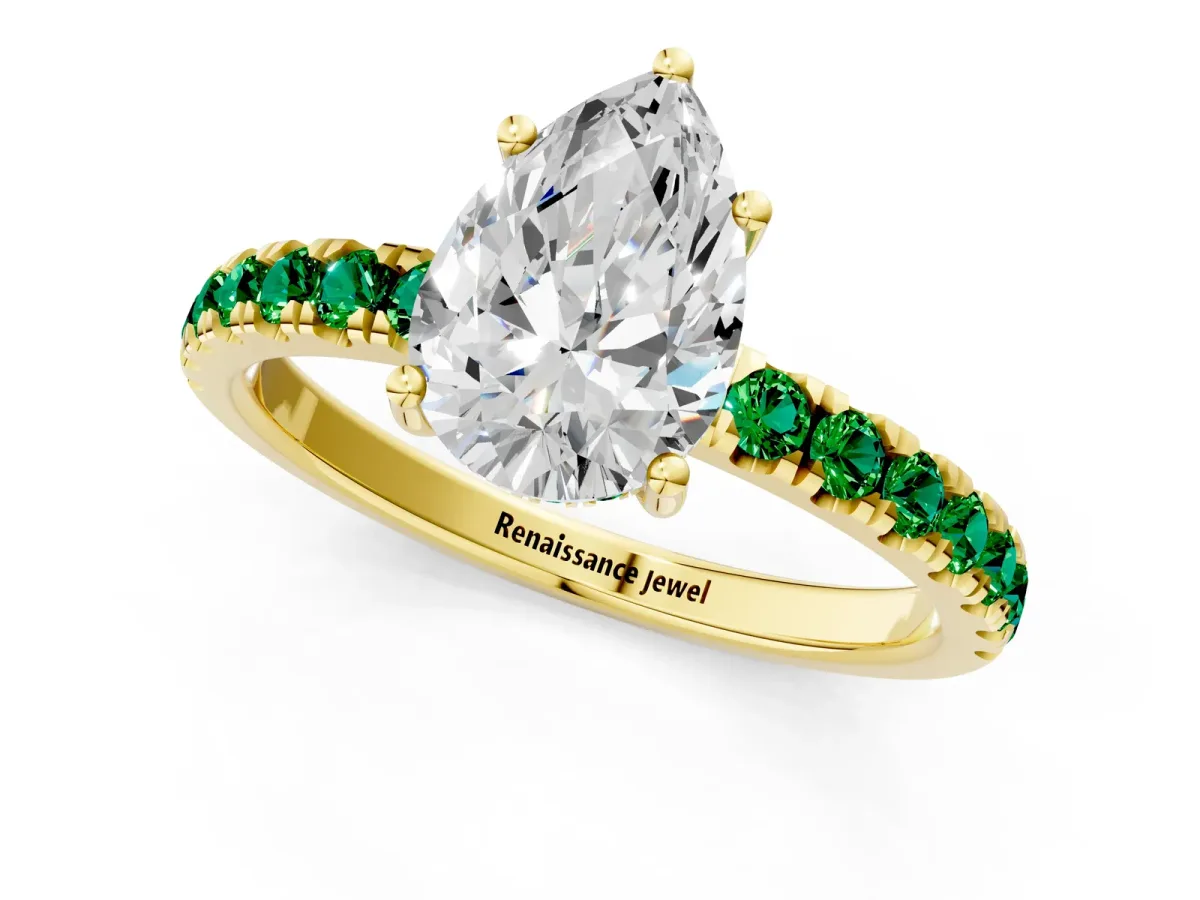 Pear Cut Diamond Pave Band Solitaire Ring with Round Emerald and Prong Setting Yellow gold