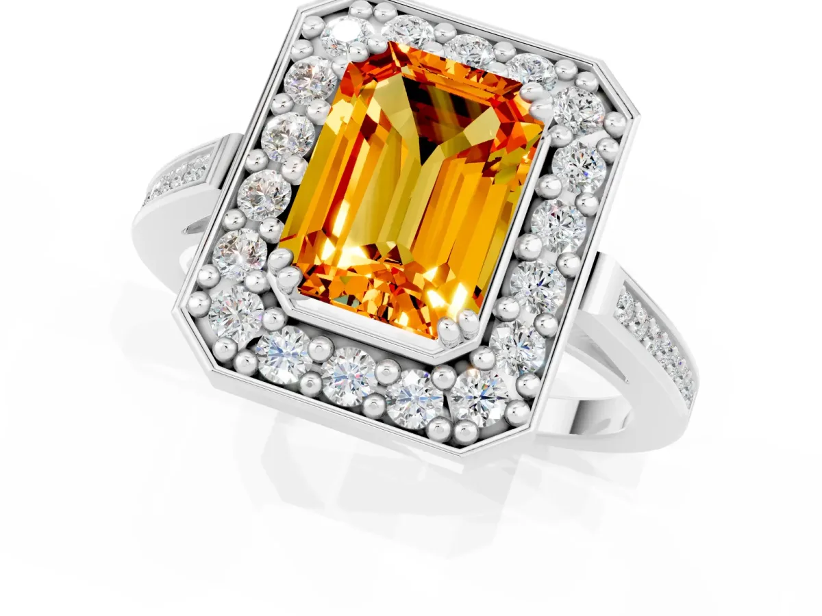 Emerald Cut Citrine Halo Ring with Split Shank and Four-Prong Setting White gold