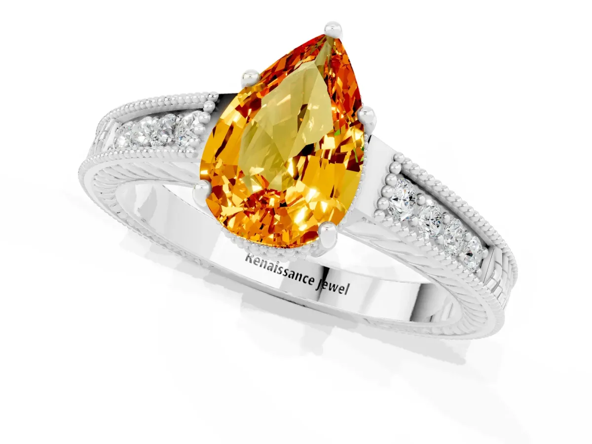 Pear Cut Citrine Ring with Milgrain Pavé Band and Four-Prong Setting Platinum