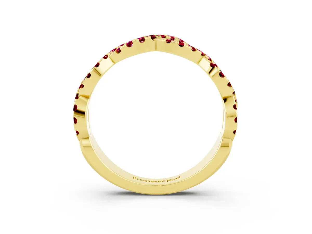 Round Garnet Twisted Eternity Band with Pavé and Shared Prong Setting Yellow gold