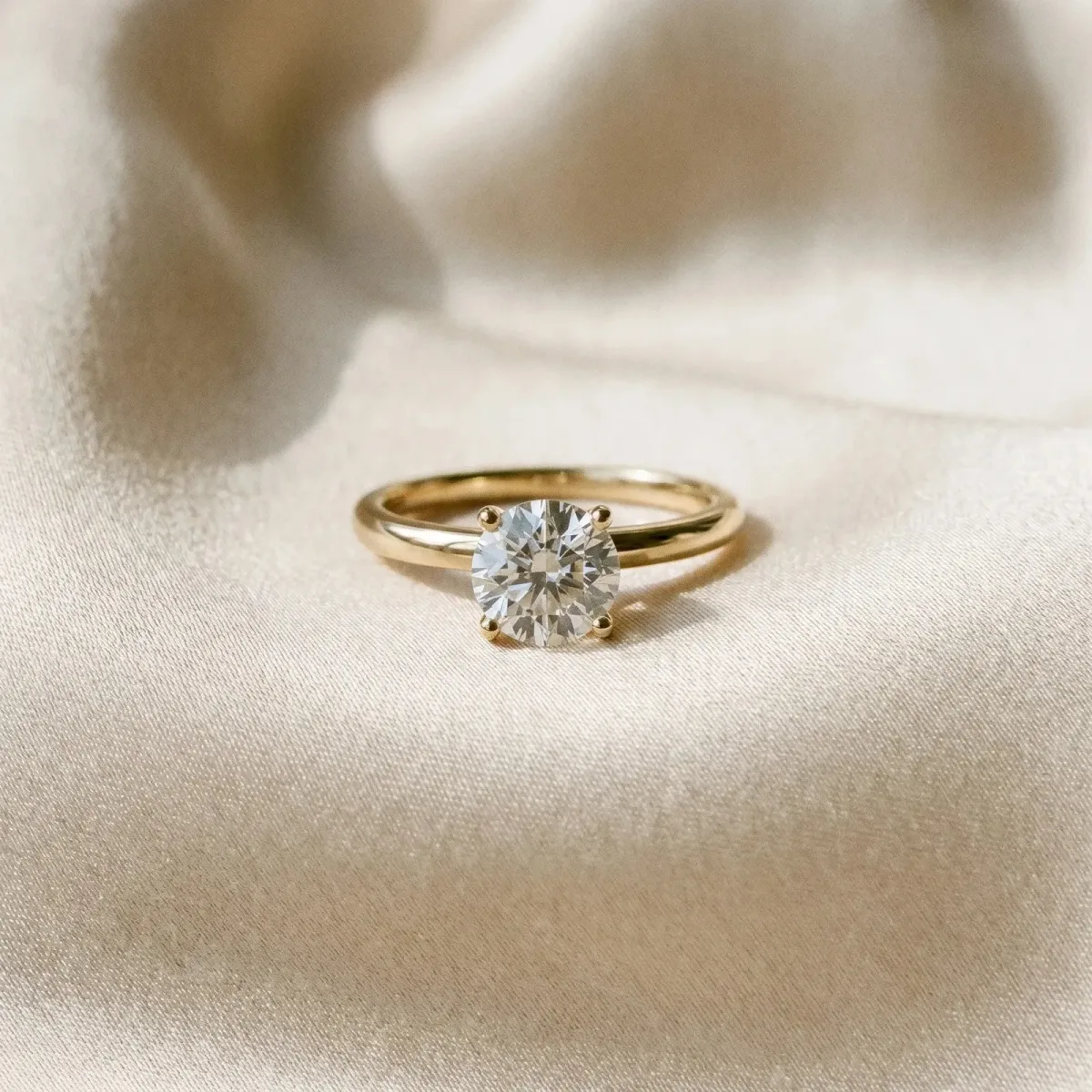 Round Cut Diamond Solitaire Ring with Classic Band and Four-Prong Setting Yellow gold