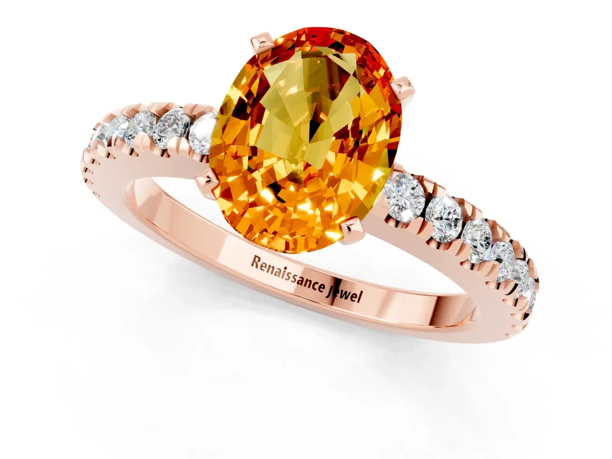 Oval Cut Solitaire Citrine with Pavé Band and Four-Prong Setting Rose gold