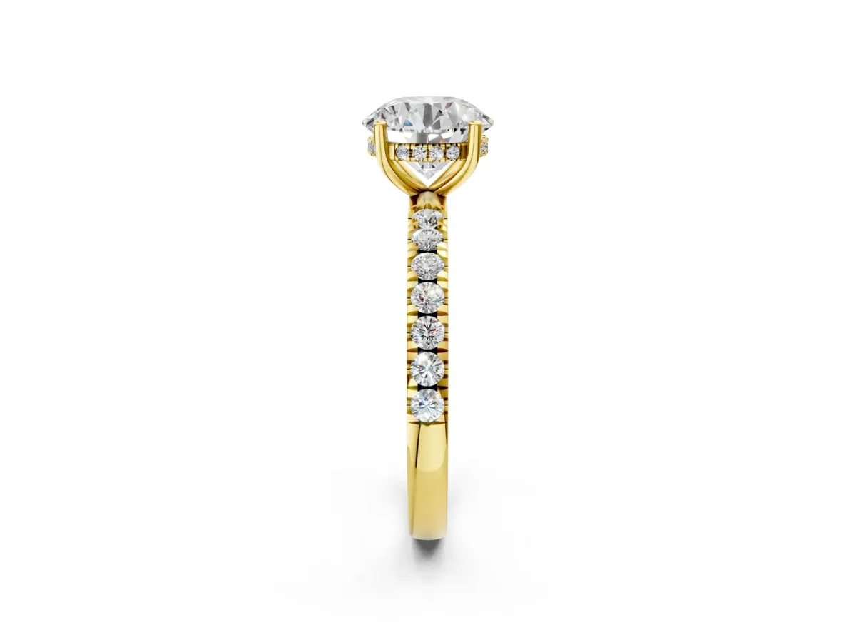 Round Cut Diamond Pave Band Solitaire Ring with Round and Prong Setting Yellow gold