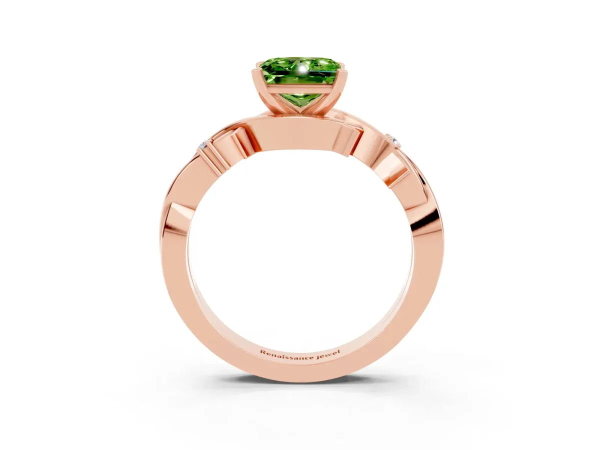 Princess Cut Peridot Solitaire Ring with Twisted Band and Prong Setting Rose gold