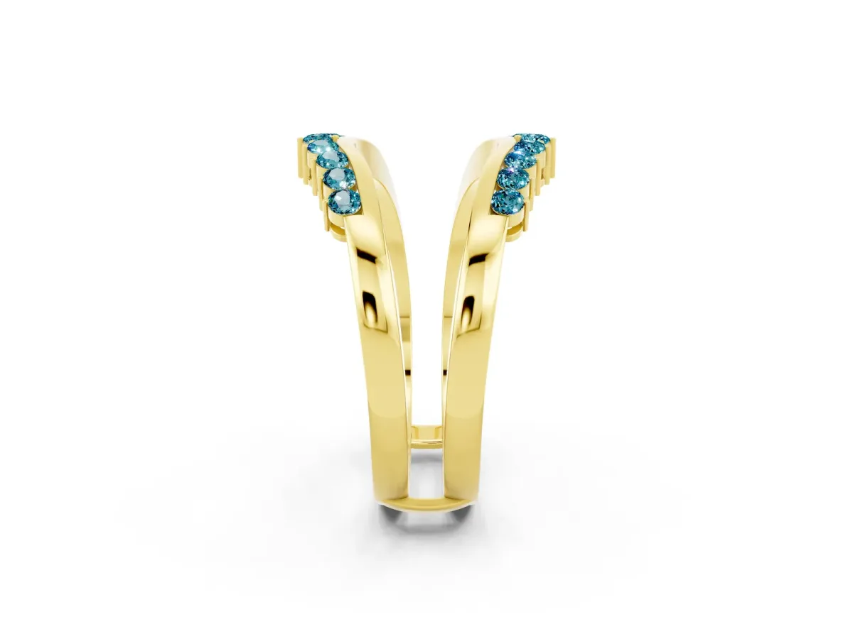 Round Blue Topaz Chevron Contour Band with Prong Setting Yellow gold