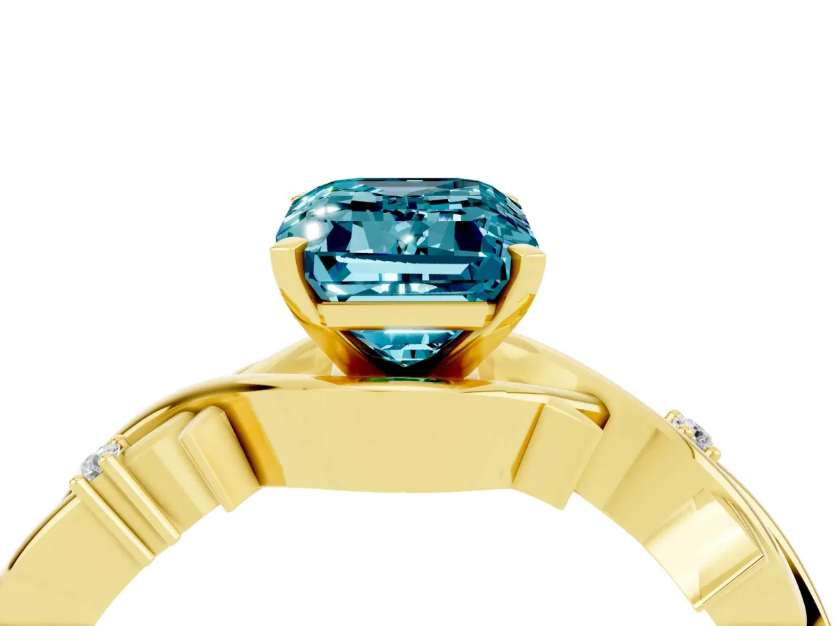 Emerald Cut Blue Topaz Solitaire Ring with Twisted Band and Prong Setting Yellow gold
