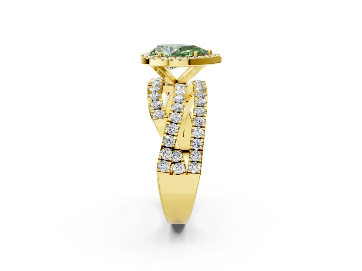 Fancy Green Pear Cut Diamond Halo Ring with Round Split Shank and Prong Setting Yellow gold