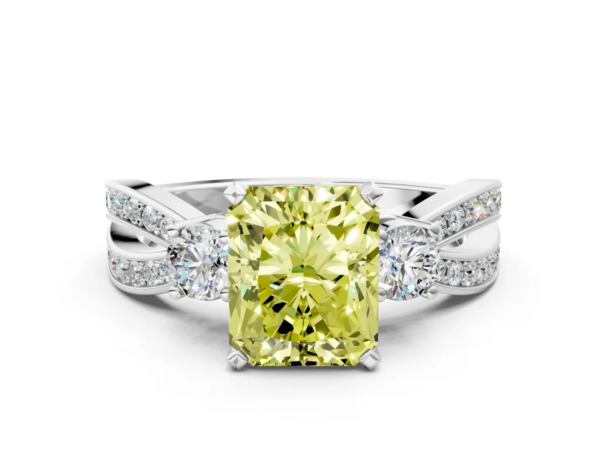 Fancy Yellow Three-Stone Radiant Cut Cut Diamond Twist Band with Prong Setting Platinum
