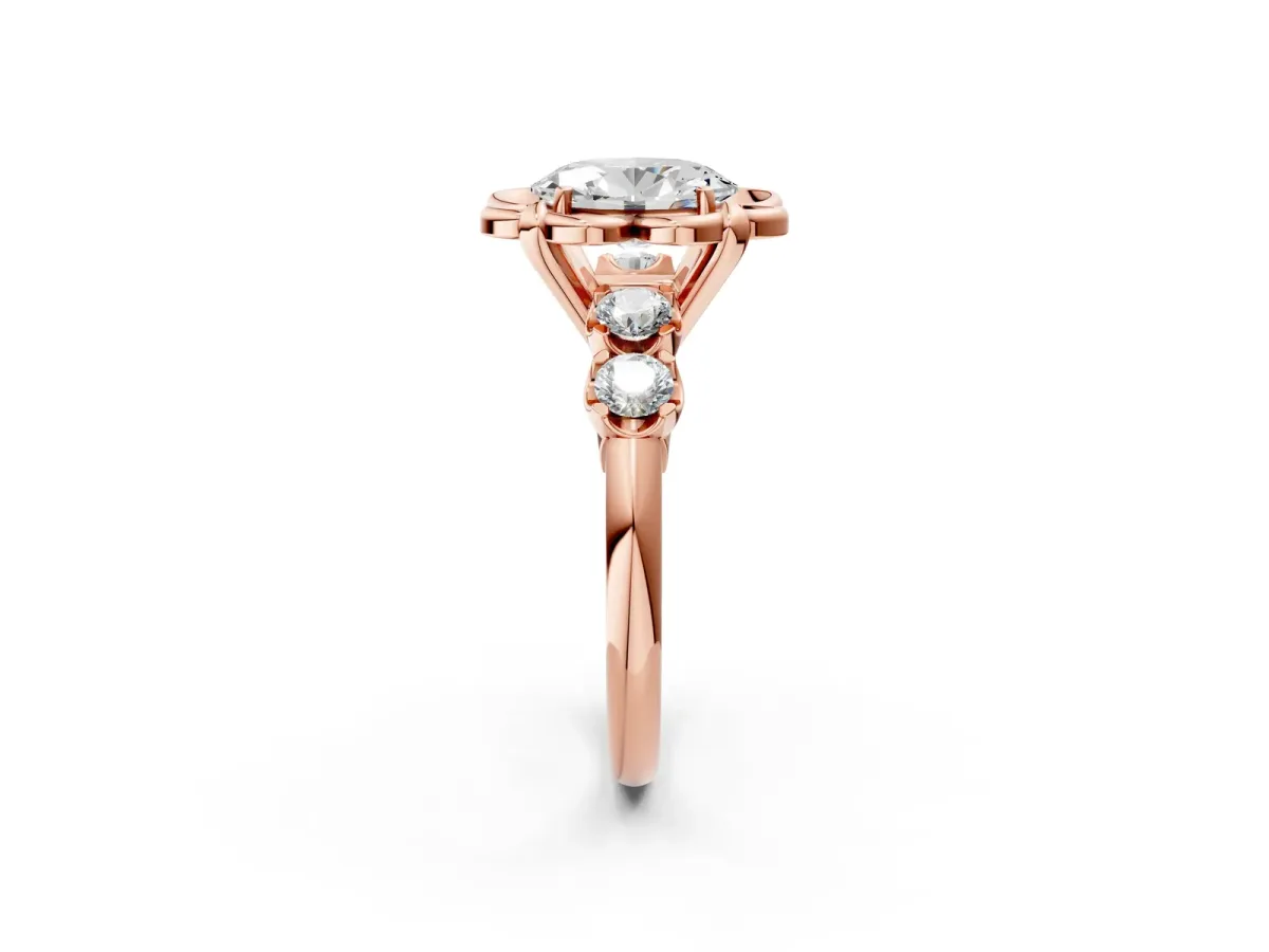 Oval Cut Cut Diamond Floral Halo Engagement Ring with Shared Prong Setting Rose gold