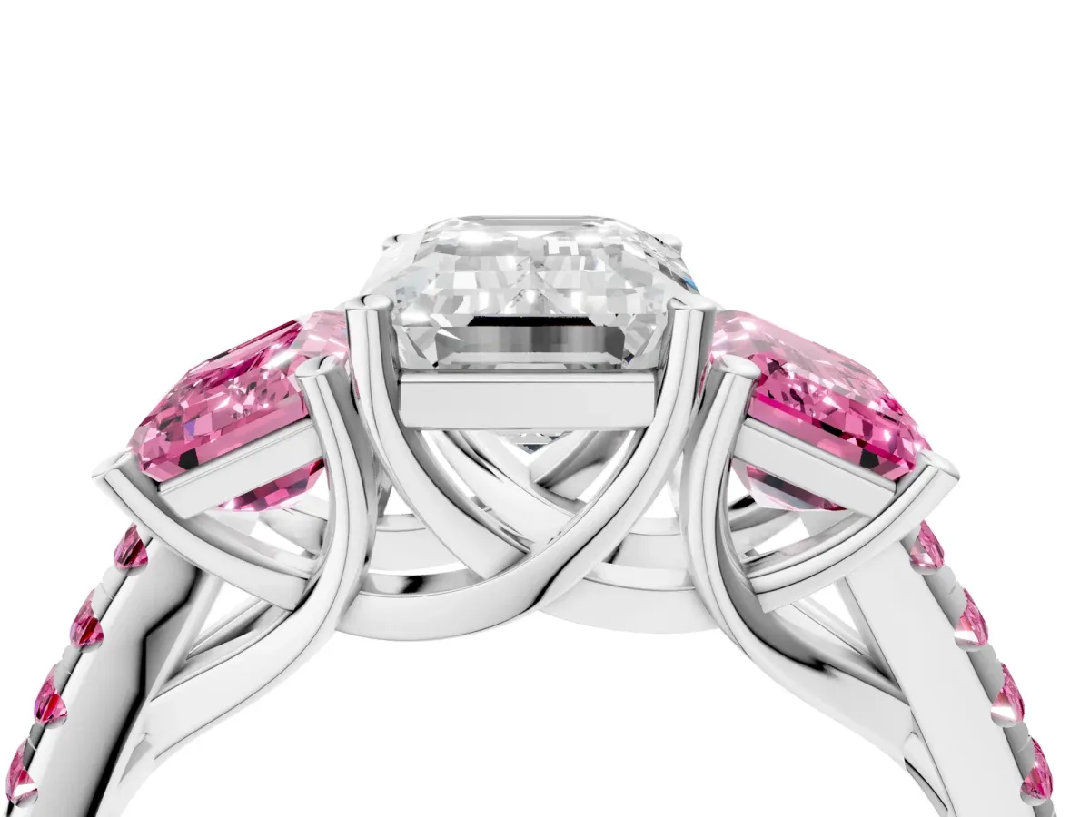 Three-Stone Emerald Cut Diamond Ring with Round Pink Sapphire Pavé Band and Prong Setting Silver