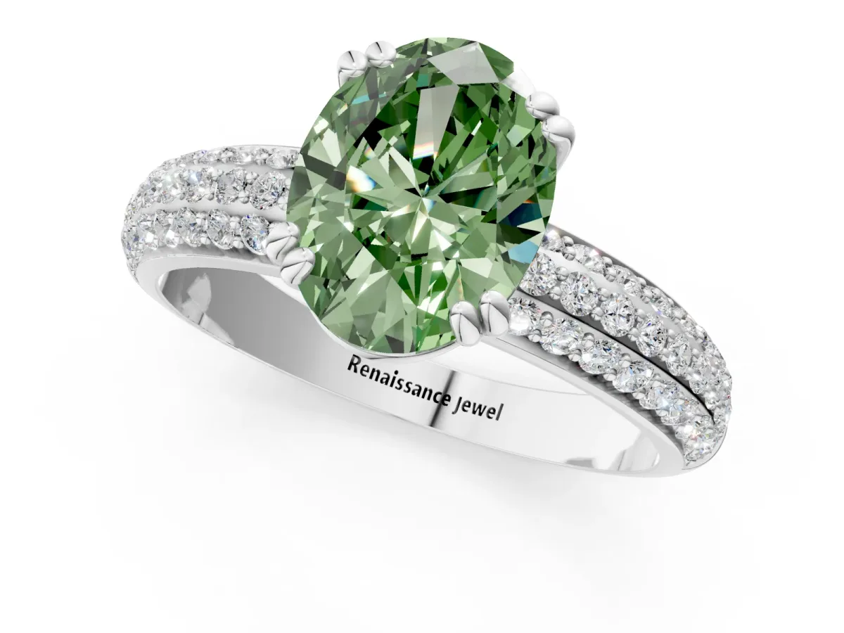 Fancy Green Oval Cut Diamond Solitaire Ring with Multi-Row Round Pavé Band and Prong Setting White gold