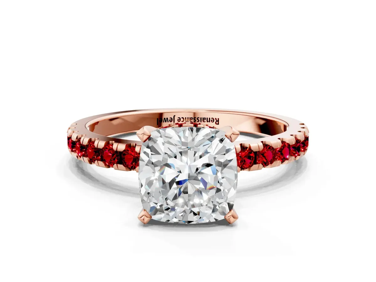 Cushion Cut Diamond Solitaire Ring with Round Ruby Pavé Band and Four-Prong Setting Rose gold