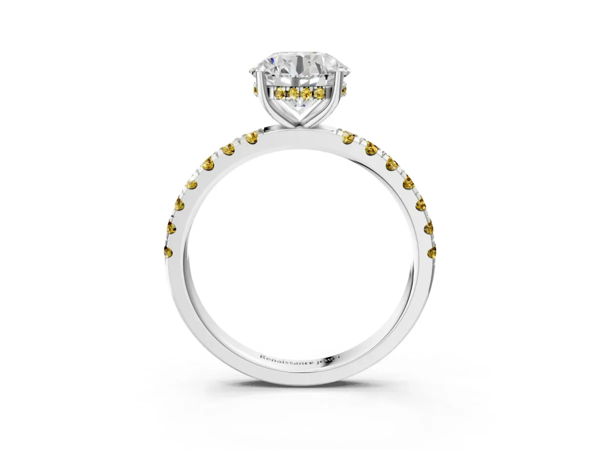 Round Cut Diamond Pave Band Solitaire Ring with Round Yellow Sapphire and Prong Setting Silver