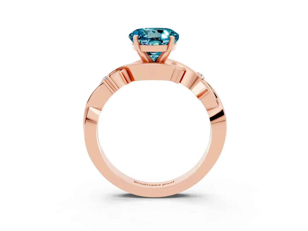 Round Cut Blue Topaz Solitaire Ring with Twisted Band and Prong Setting Rose gold