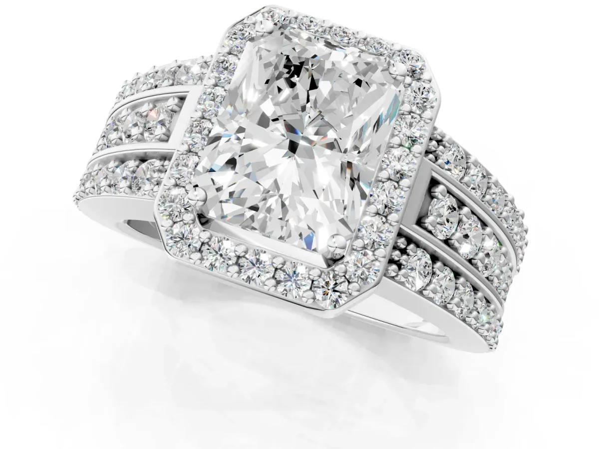 Radiant Cut Halo Diamond Ring with Round Split Shank and Prong Setting Platinum