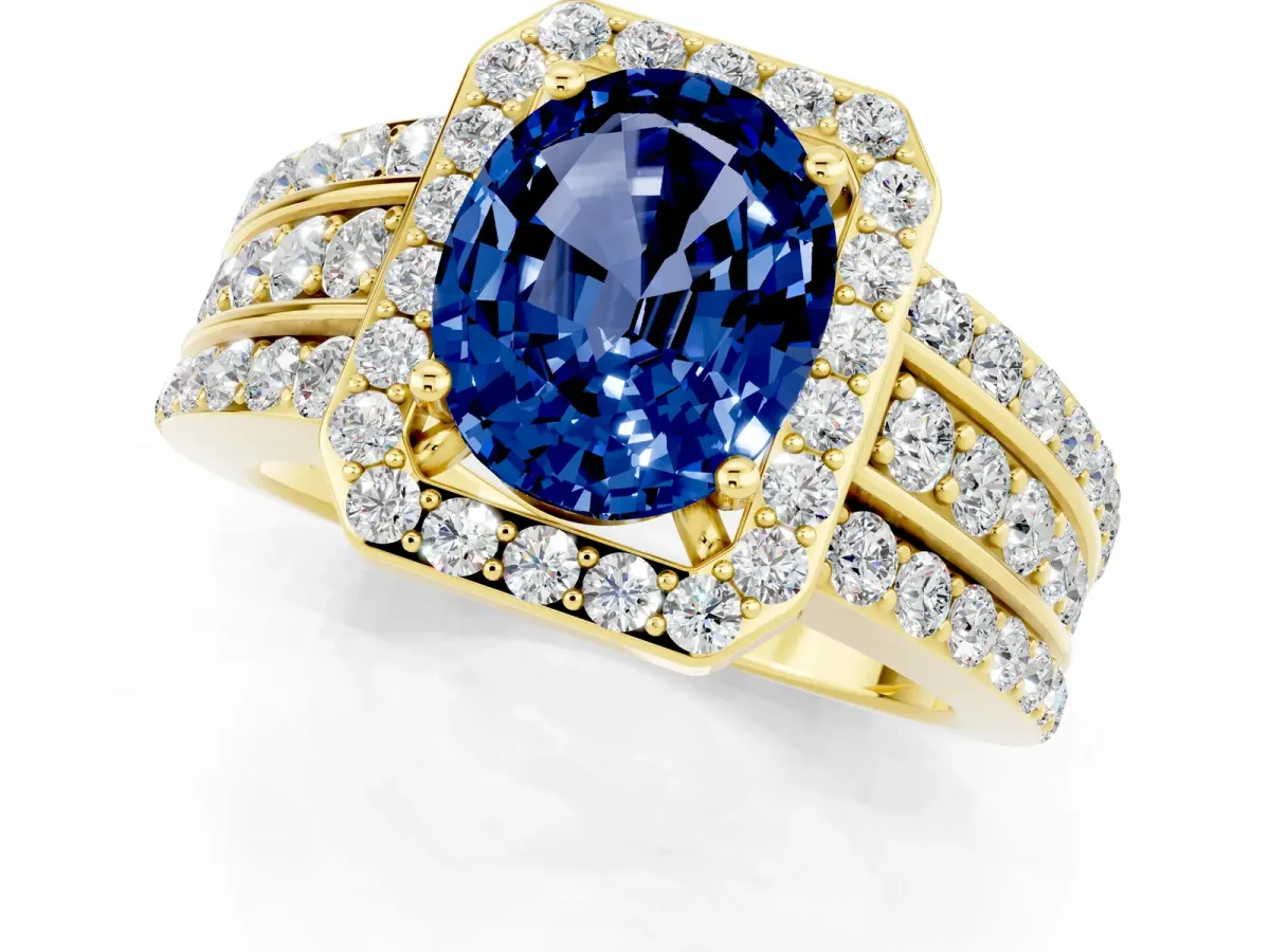 Oval Cut Halo Blue Sapphire Ring with Round Split Shank and Prong Setting Yellow gold