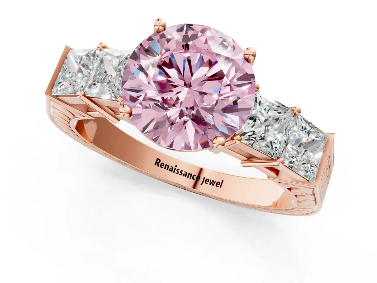 Fancy Pink Round Cut Solitaire Princess Side Stone Engraved Band Prong Setting Ring Rose gold
