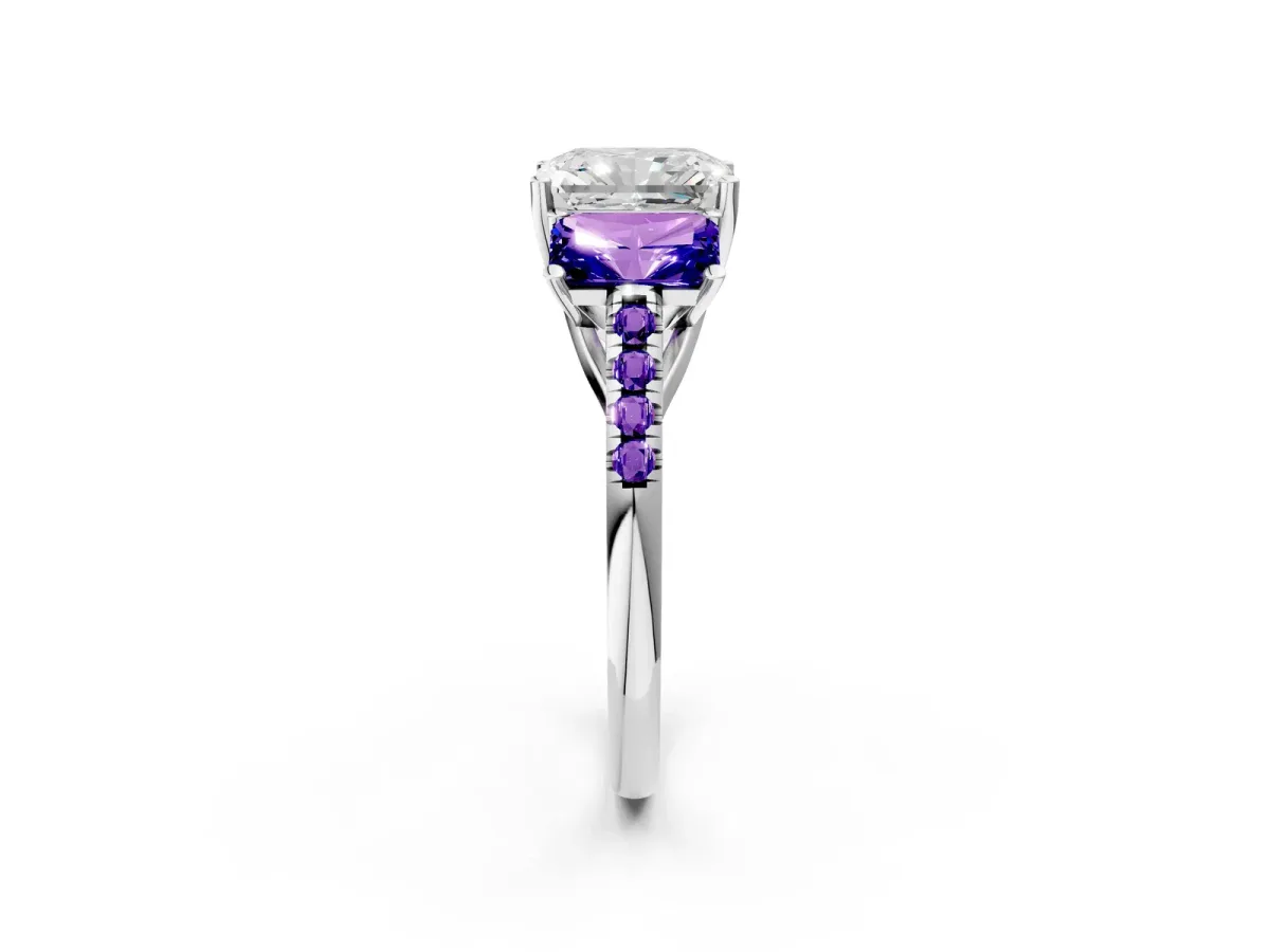 Three-Stone Radiant Cut Diamond Ring with Round Tanzanite Pavé Band and Prong Setting Silver
