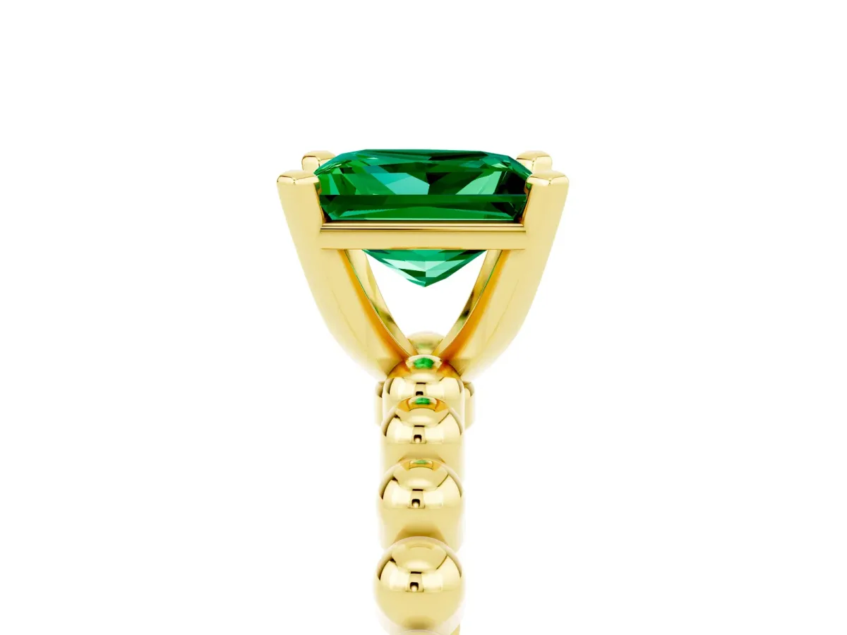 Princess Cut Emerald Solitaire Ring with Beaded Band and Prong Setting Yellow gold