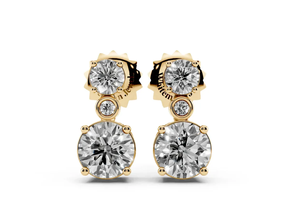 Round Diamond Two Stone Drop Earrings with Bezel Diamond Accent Yellow gold