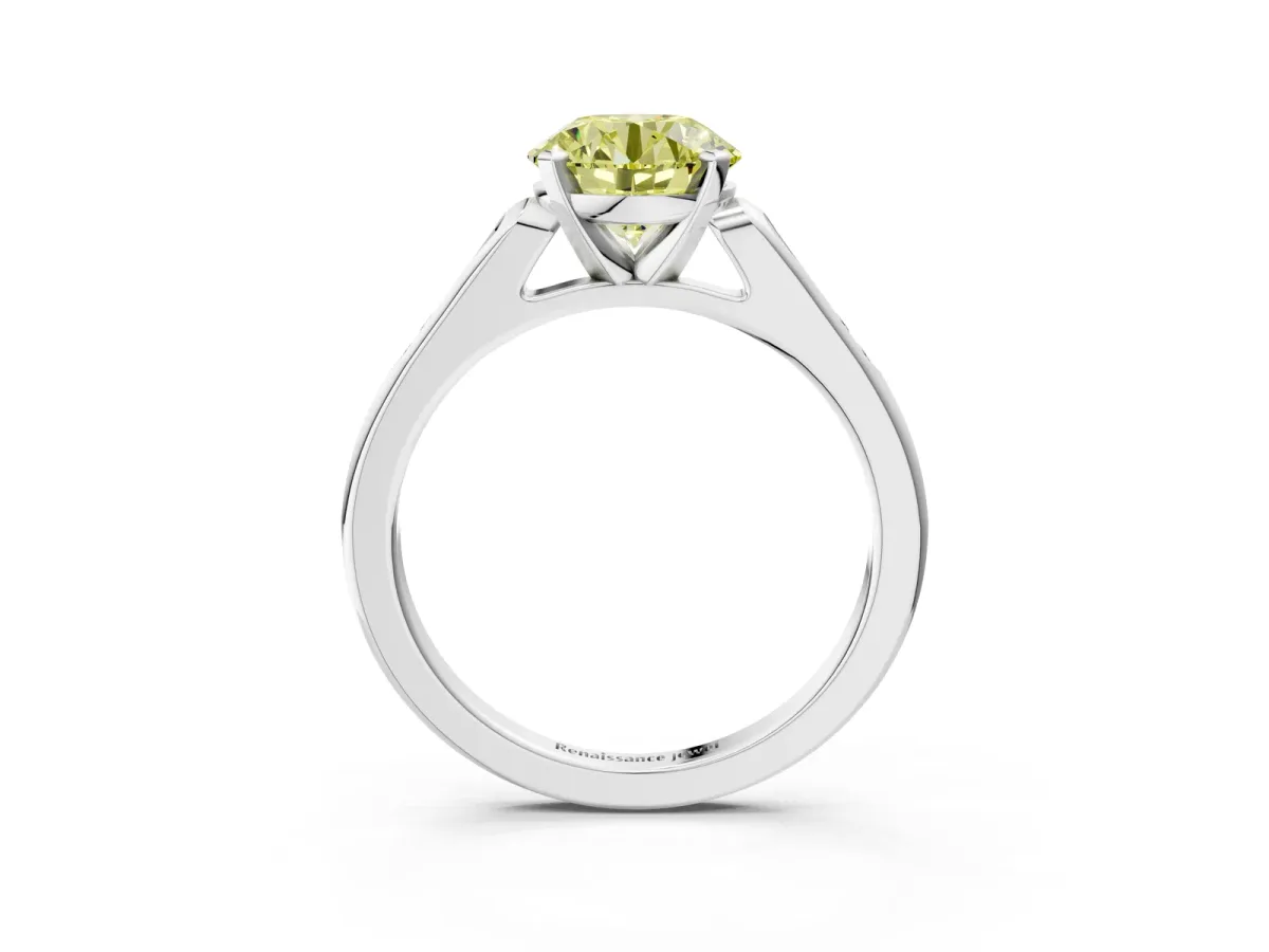 Fancy Yellow Round Cut Diamond Solitaire Ring with Channel Set Round Band and Prong Setting Platinum