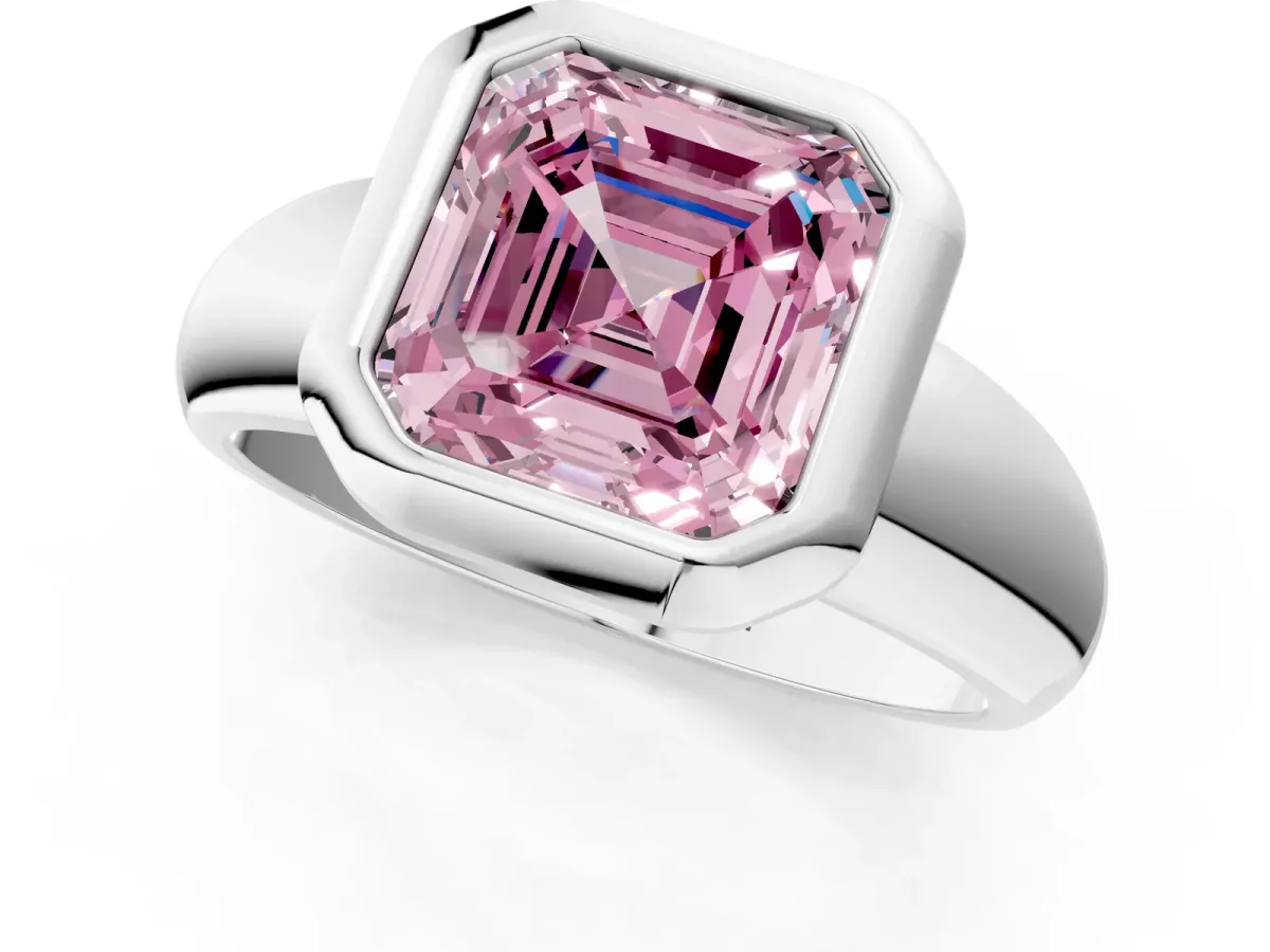 Fancy Pink Bezel Set Asscher Cut Solitaire Ring with Wide Band Platinum