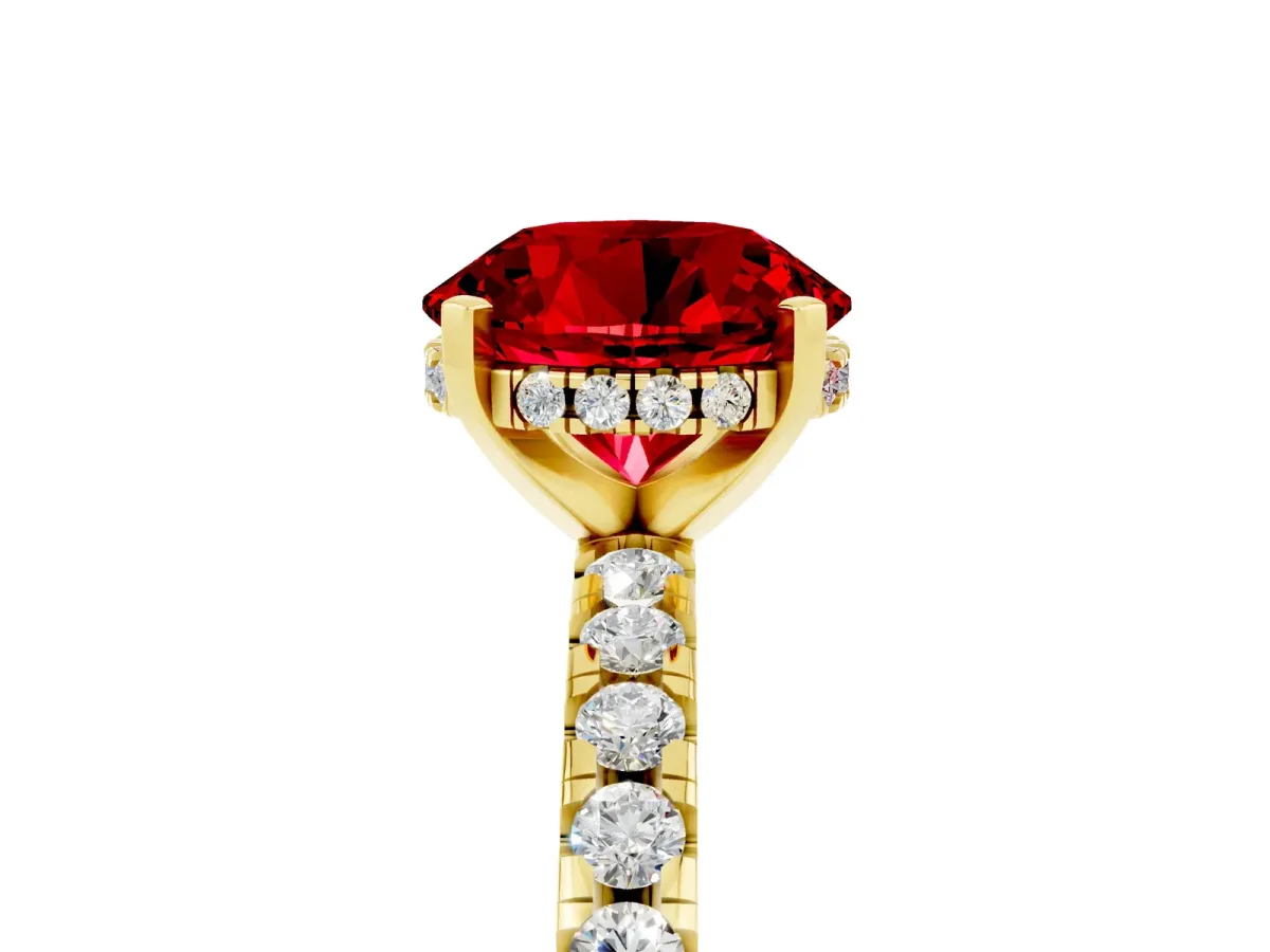 Round Cut Ruby Solitaire Ring with Round Pavé Band and Four-Prong Setting Yellow gold