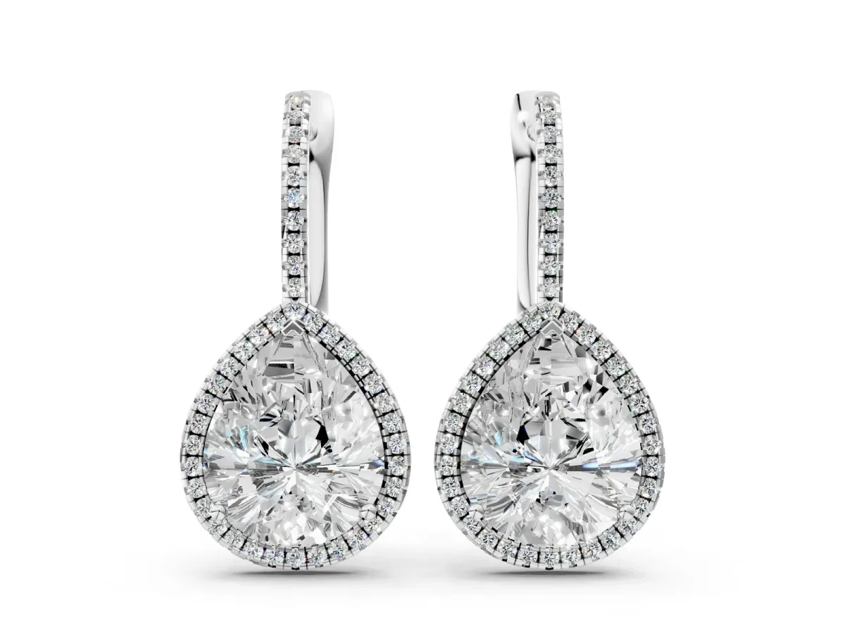 Pear Diamond Halo Leverback Drop Earrings with Round Diamond Accents Silver