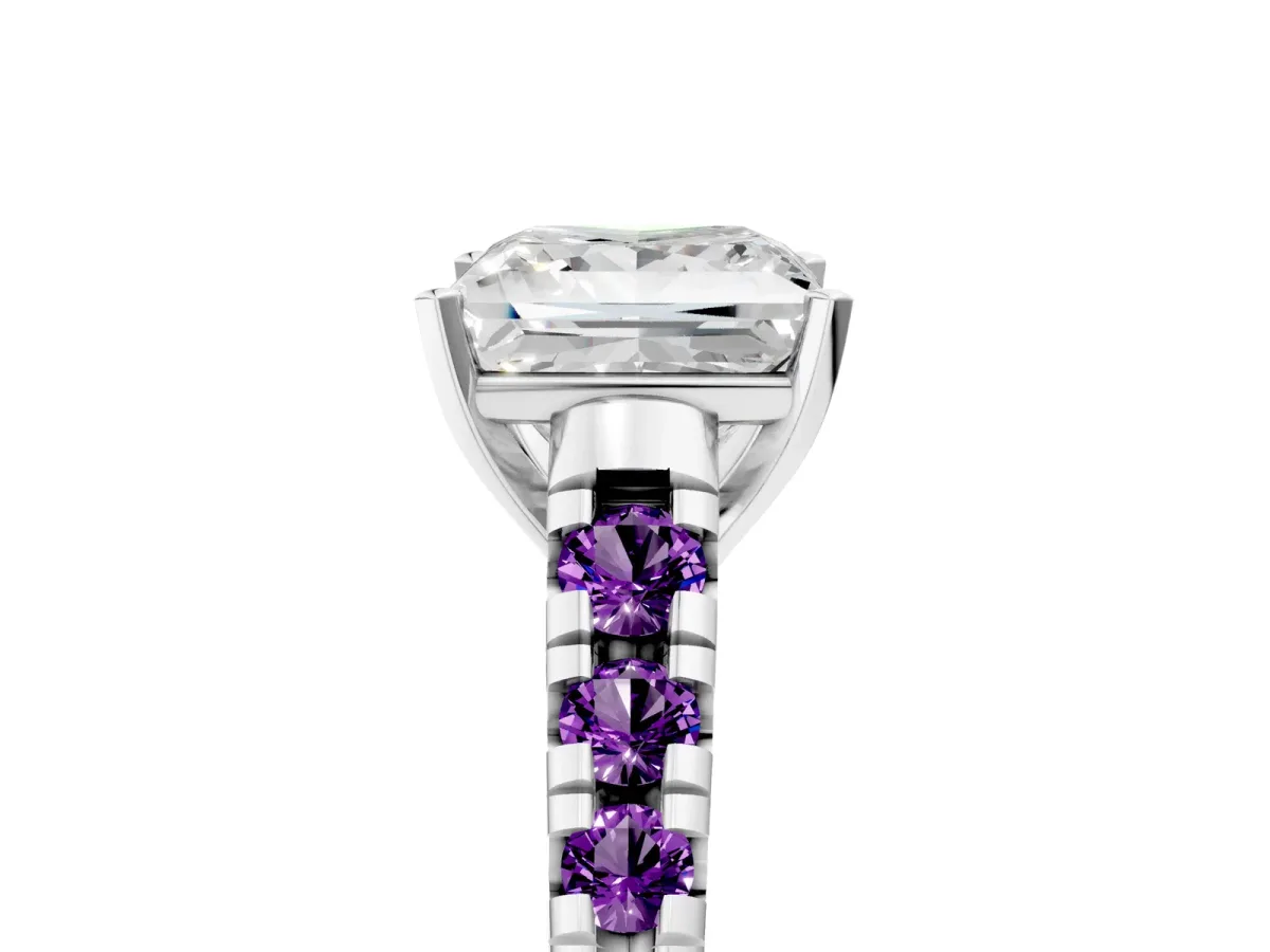 Princess Cut Diamond Cathedral Solitaire Ring with Round Amethyst Pavé Band Silver