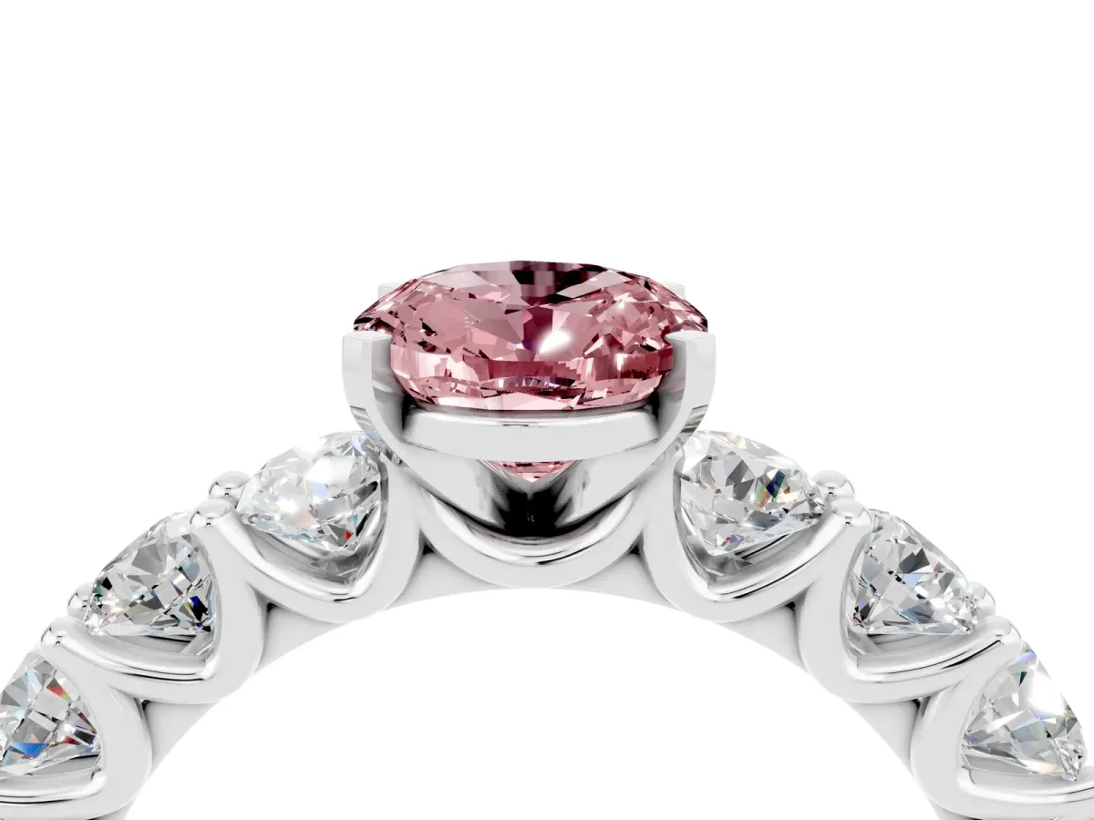 Oval Cut Morganite Prong Setting with Side Stones on a Pave Band Silver