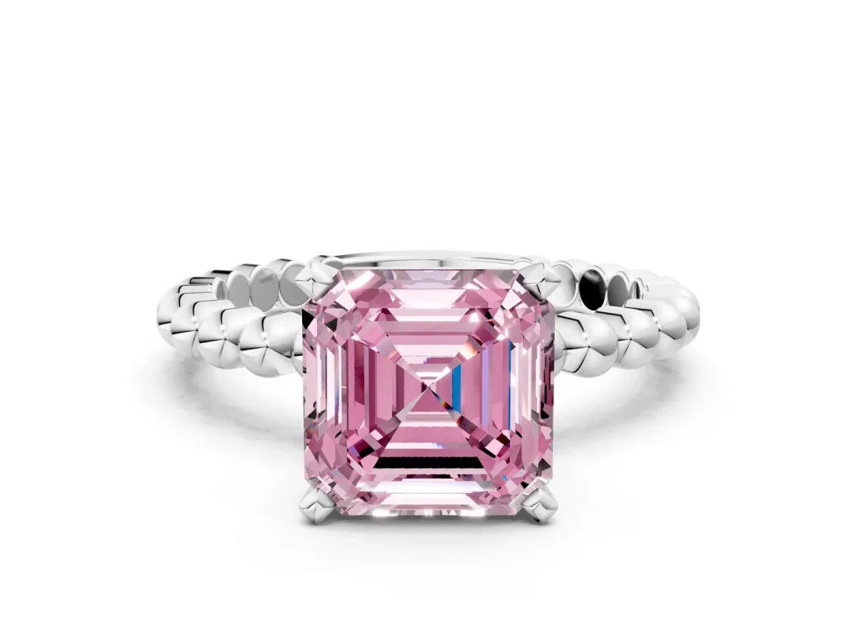 Fancy Pink Asscher Cut Diamond Solitaire Ring with Beaded Band and Prong Setting Platinum