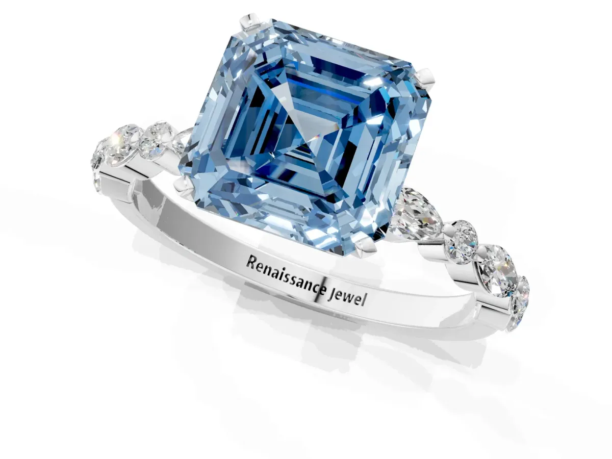 Fancy Blue Asscher Cut Diamond Ring with Marquise and Round Side Stones and Four-Prong Setting Silver