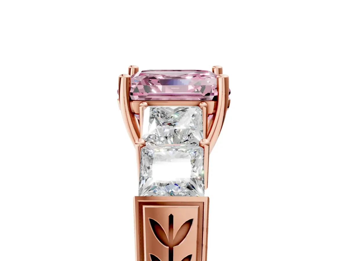 Fancy Pink Asscher Cut Solitaire Princess Side Stone Engraved Band Prong Setting Ring Rose gold