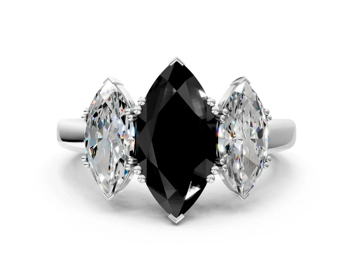 Fancy Black Three-Stone Marquise Cut Cut Diamond Ring with Channel Set Band and Four-Prong Setting Silver