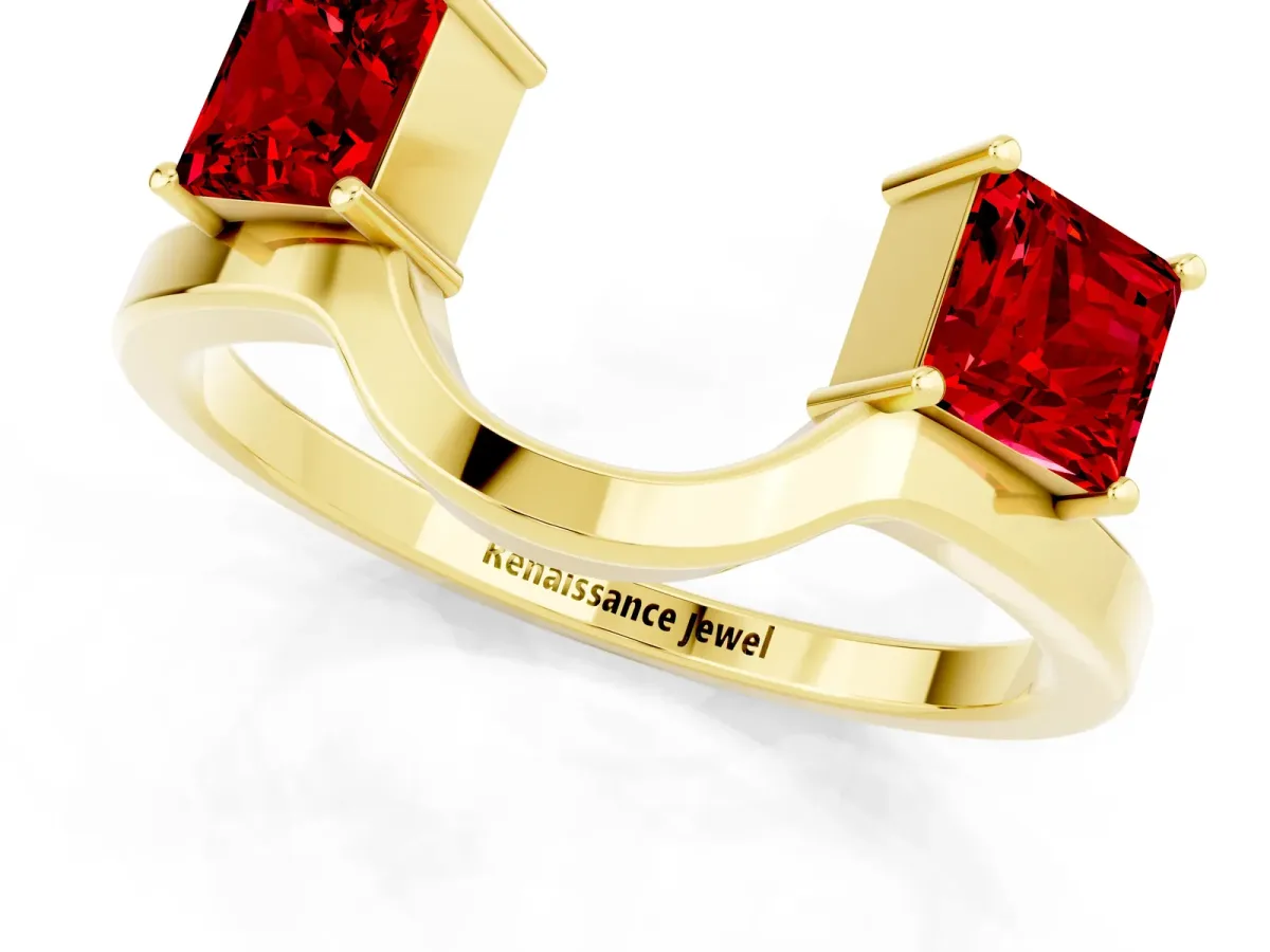 Princess Cut Ruby Two-Stone Open Band Ring with Four-Prong Setting Yellow gold