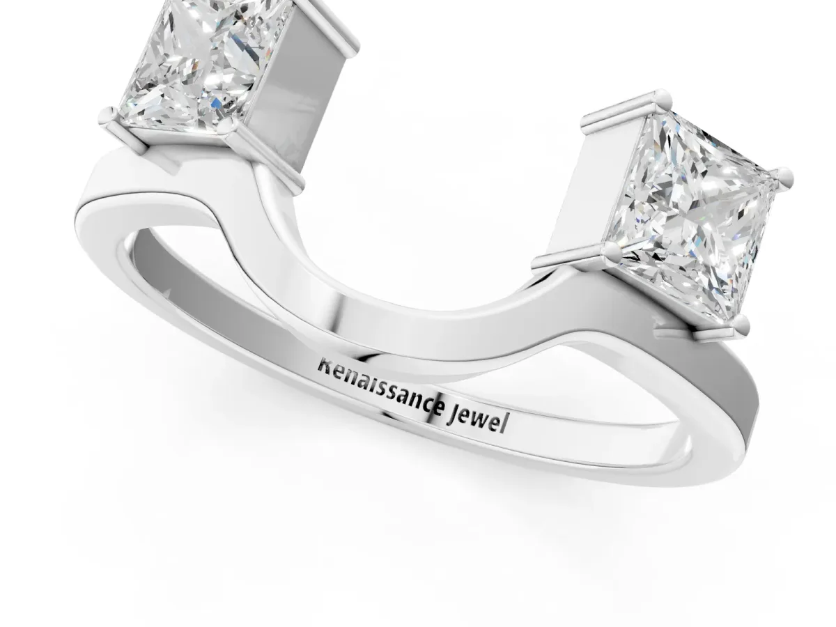 Princess Cut Diamond Two-Stone Open Band Ring with Four-Prong Setting Silver