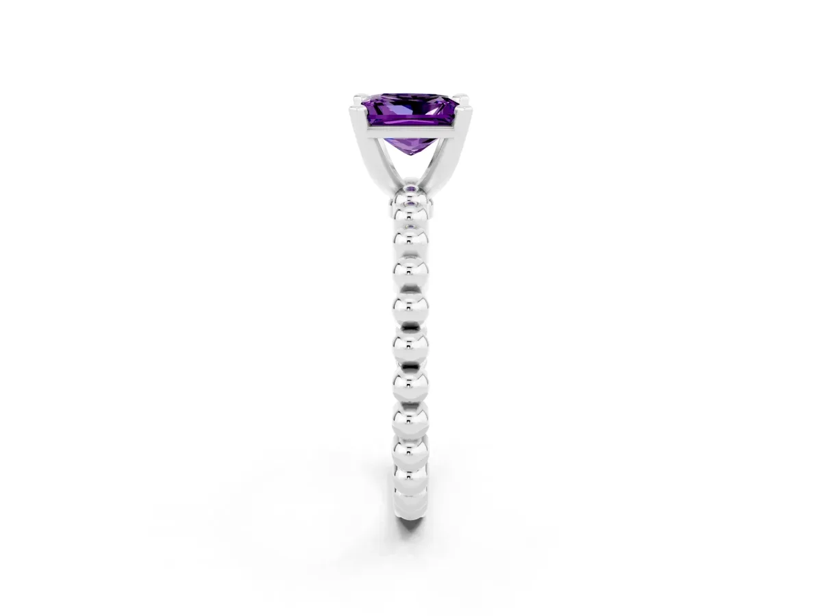 Princess Cut Amethyst Solitaire Ring with Beaded Band and Prong Setting Platinum