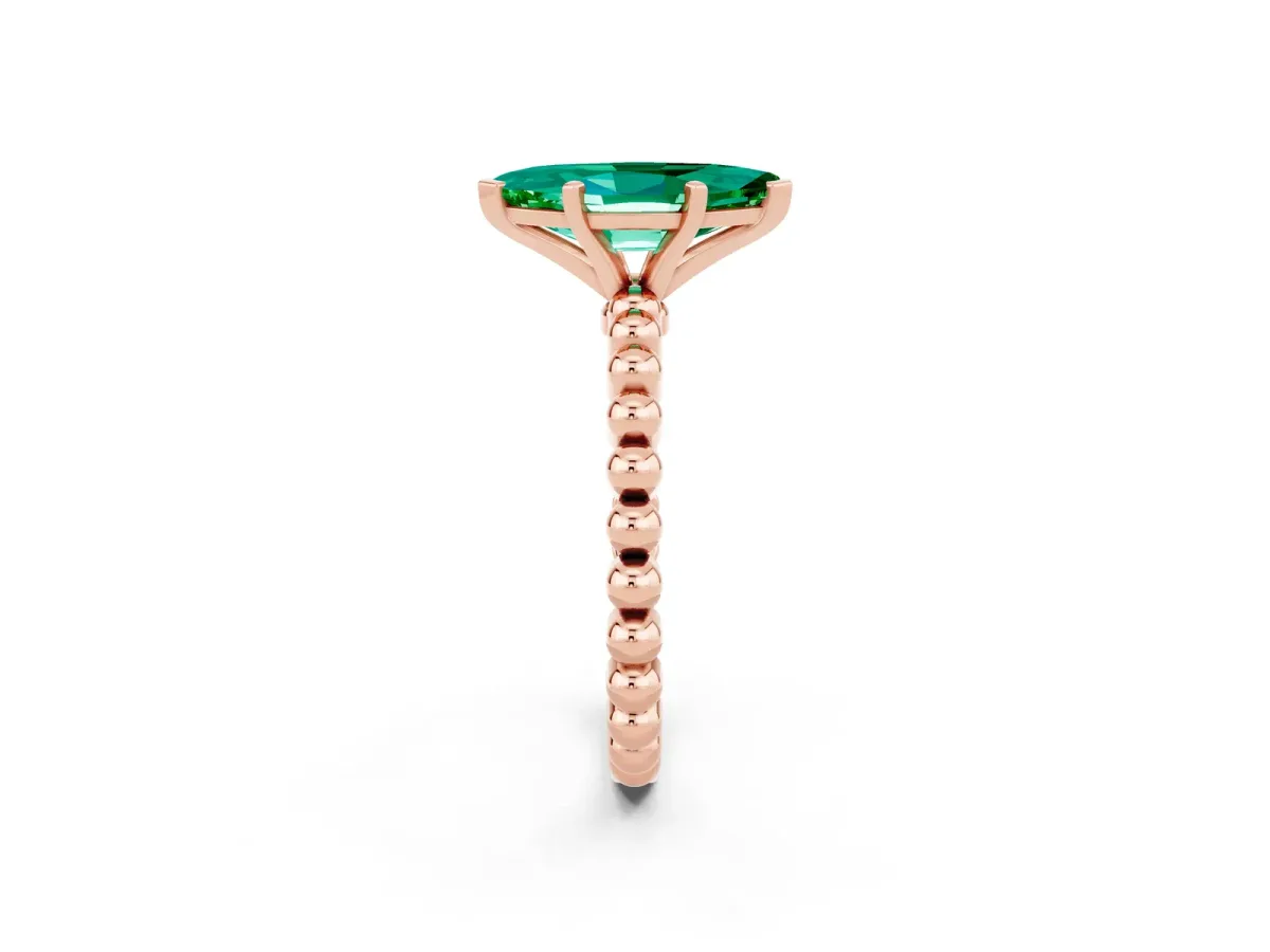 Marquise Cut Emerald Solitaire Ring with Beaded Band and Prong Setting Rose gold